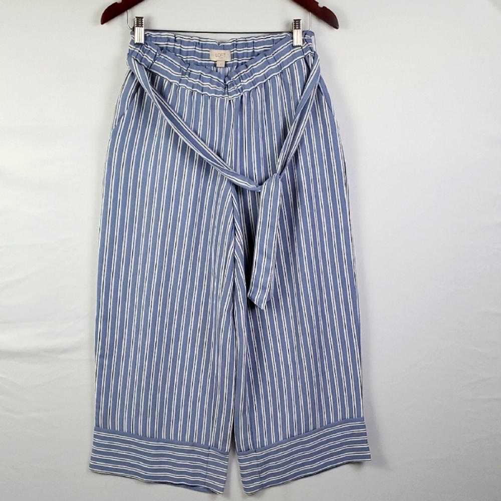 LOFT Outlet Wide Leg Front Tie Pull- Up Striped Pants Navy Coastal Sz S